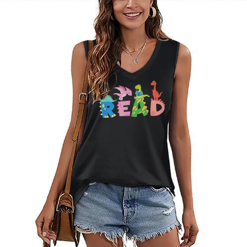 Reading Dinosaur T Rex Dino Book Lover Women's V-Neck Tank Top - Bookorys