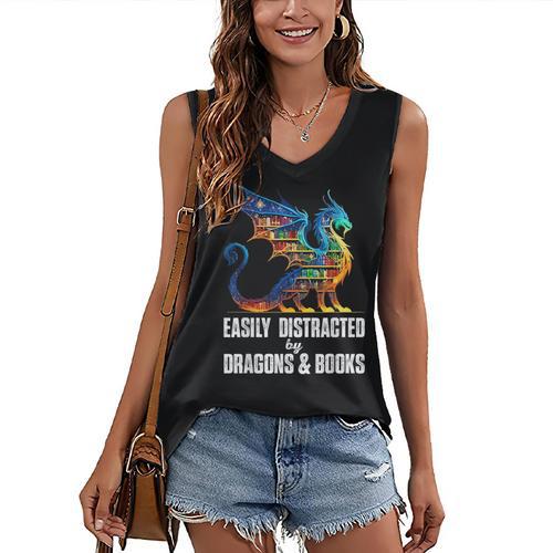 Reading Lover Easily Distracted By Dragons And Books Dragon Women's V-Neck Tank Top - Bookorys