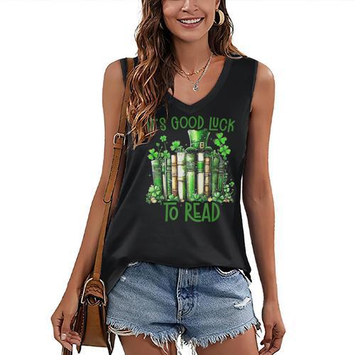 Retro Book Lucky Reading Teacher St Patrick's Day -Adults Small Cotton Blend Polyester Blend Short Sleeve Women's V-Neck Tank Top - Bookorys AU