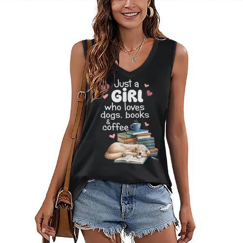 Retro Just A Girl Who Love Dogs Books And Coffee Bookworm Women's V-Neck Tank Top - Bookorys