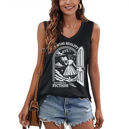 Retro Trendy Bookish Book Lover Reading Quotes Leaving Reality Entering Fiction -Adults Small Short Sleeve T-Shirt Women's V-Neck Tank Top - Bookorys DE