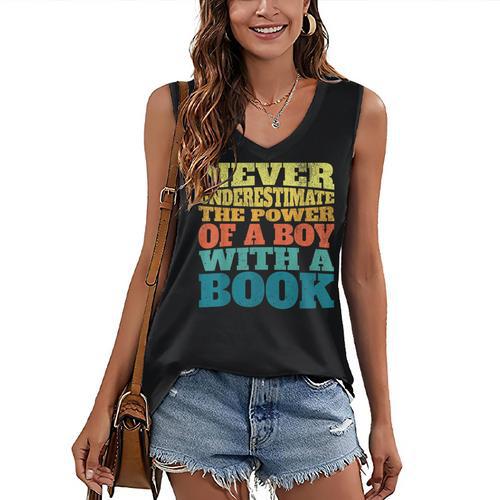 Retro Never Underestimate The Power Of a Boy With a Book Women's V-Neck Tank Top - Bookorys