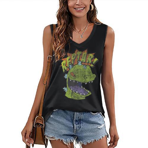 Rugrats Reptar Distressed Comic Book Style Cartoon Women's V-Neck Tank Top - Bookorys