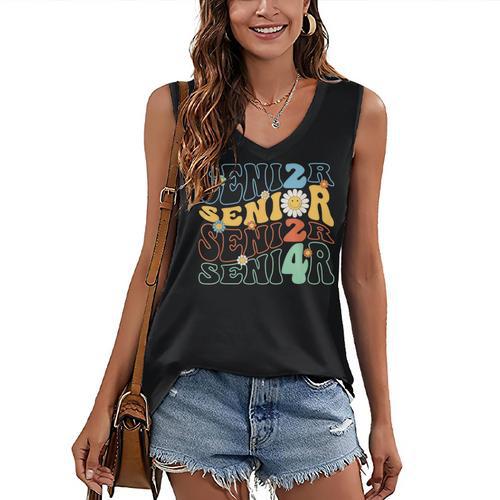 Senior 2024 Groovy Retro Class Of 2024 Graduation Senior 24 Women's V-Neck Tank Top - Best Gift Smart