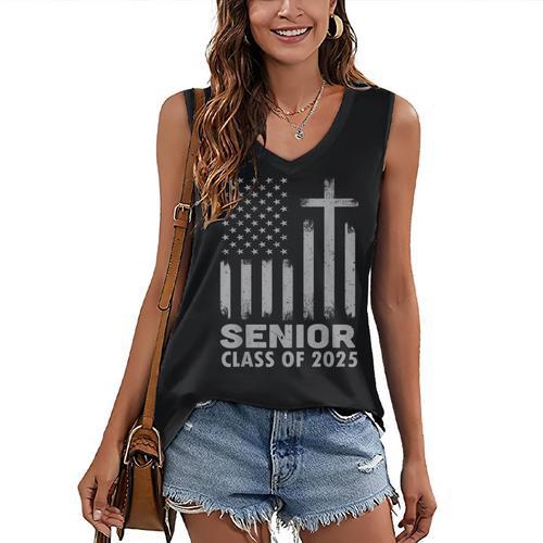 Senior Class Of 2025 USA Flag Cross Christian Graduation Women's V-Neck Tank Top - Best Gift Smart