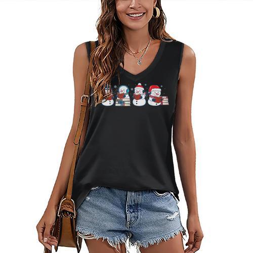 Snowman Reading Books Teacher Librarian Bookworm Christmas Women's V-Neck Tank Top - Bookorys DE