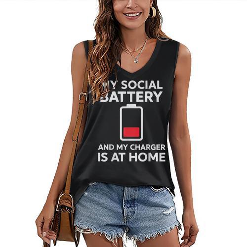 Social Battery Low Charger At Home Antisocial Introvert Women's V-Neck Tank Top - Raresse