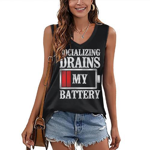 Socializing Drains My Battery Introvert Women's V-Neck Tank Top - Raresse