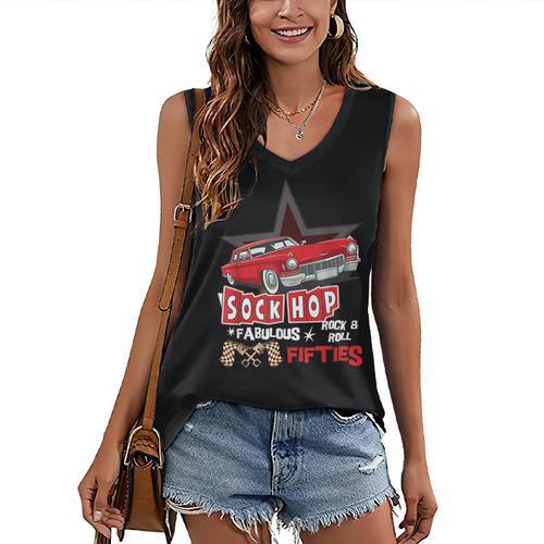Sock Hop Fabulous Fifties Rock N Roll Automobile Nostalgia Women's V-Neck Tank Top - Figerry
