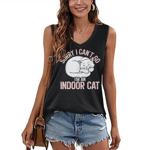 Sorry I Can't Go I'm An Indoor Cat Lazy Humor Introvert Cat Women's V-Neck Tank Top - Raresse