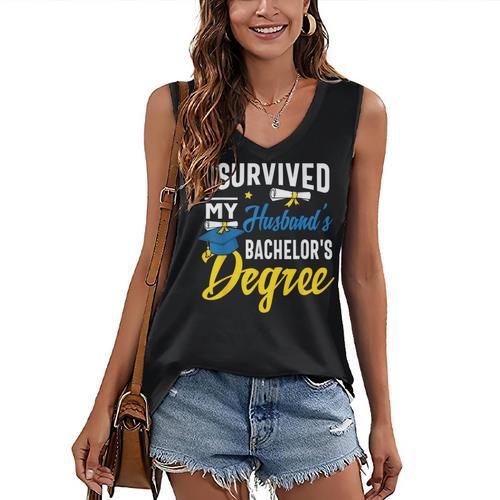 i Survived My Husbands Bachelors Degree Graduation Gifts Women's V-Neck Tank Top - Best Gift Smart