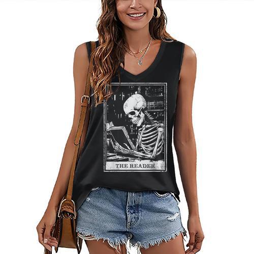 Tarot Card Shirt The Reader Tarot Skeleton Reading Book Women's V-Neck Tank Top - Bookorys