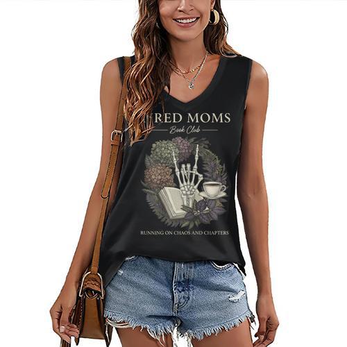 Tired Moms Book Club Dark Floral Coffee Skeleton Women's V-Neck Tank Top - Bookorys DE