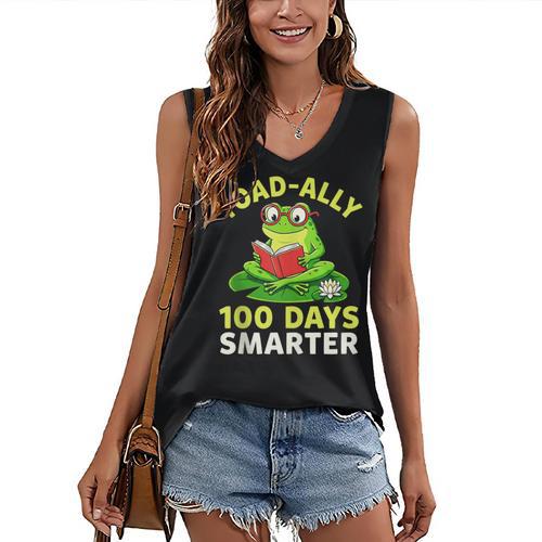 Toad-Ally 100 Days Smarter Frog Reading Book 100 School Day Women's V-Neck Tank Top - Bookorys