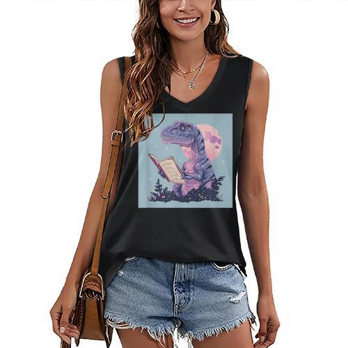 Trex Reading Book Dinosaur Women's V-Neck Tank Top - Bookorys