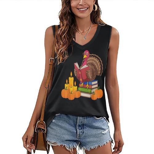 Turkey Reading Books Fall Thanksgiving Teacher Book Women's V-Neck Tank Top - Bookorys