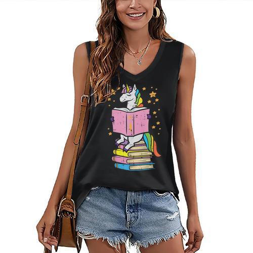 Unicorn Read Reading Book Librarian America Girls Women Women's V-Neck Tank Top - Bookorys UK