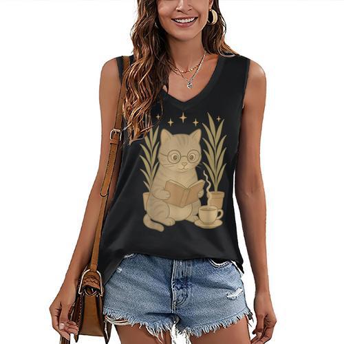 Vintage Cat Reading Book Lover Retro Kitten Cottagecore Women's V-Neck Tank Top - Bookorys AU