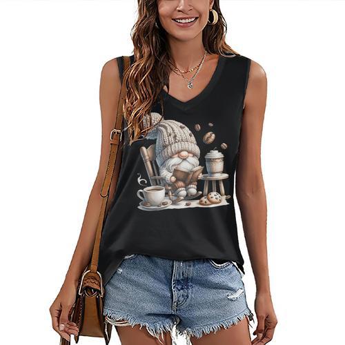 Vintage Cute Gnome Reading Book Coffee Cute Gnome Graphic Women's V-Neck Tank Top - Bookorys
