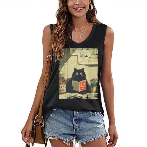 Vintage Japanese Cat Book Lovers Librarian Cat Dad Teacher Women's V-Neck Tank Top - Bookorys AU