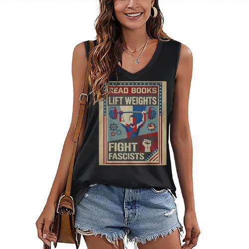 Vintage Style Read Books Lift Weights Fight Fascists Retro Women's V-Neck Tank Top - Bookorys AU