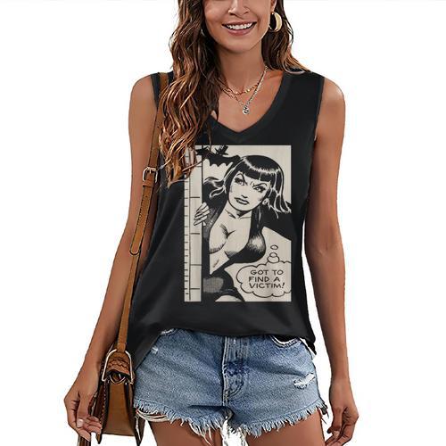 Vintage Vampire Bat Vampire Pin Up Girl Horror Comic Book Women's V-Neck Tank Top - Bookorys