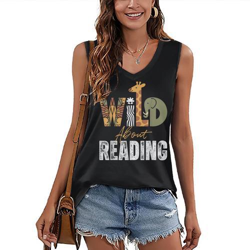 Wild About Reading Books Animal Theme Bookworm Library Day Women's V-Neck Tank Top - Bookorys