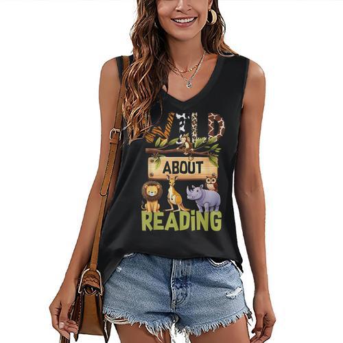Wild About Reading Reading Books And Bookworm Library Day Women's V-Neck Tank Top - Bookorys