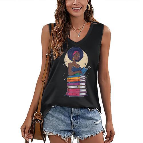 Woman And Books Stack Afro Girl Reading Lover Women's V-Neck Tank Top - Bookorys CA