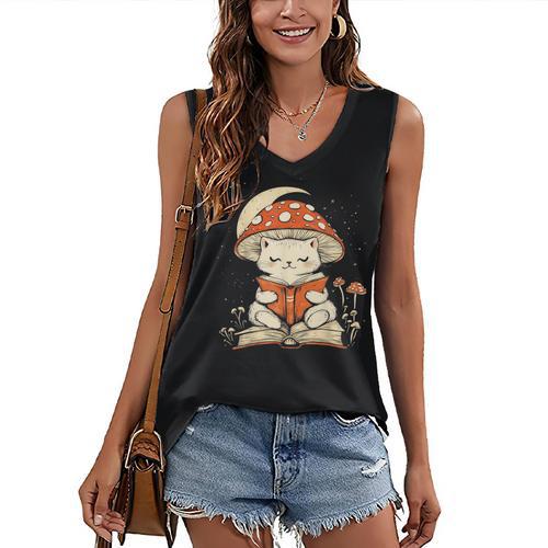 Women's Cottagecore Mushroom Cat Reading a Book Women's V-Neck Tank Top - Bookorys