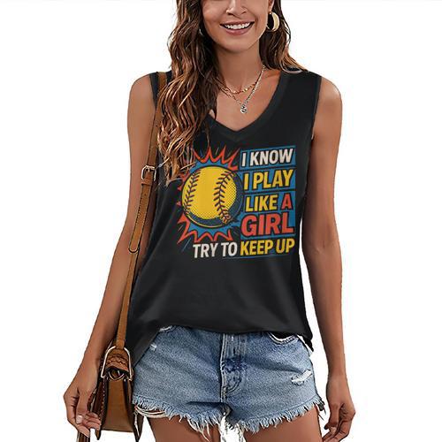 Women's Girls Softball Play Like A Girl Comic Book Pop Art Women's V-Neck Tank Top - Bookorys