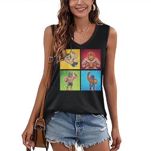 Wrestling Comic Book Wrestler Mexican Lucha Libre Mask Women's V-Neck Tank Top - Bookorys