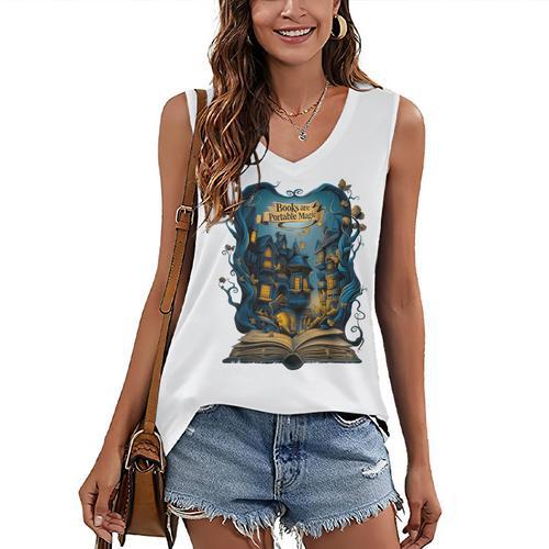 4 Books Are Portable Magic Bookish Reading Nerd Quote Women's V-Neck Tank Top - Bookorys CA