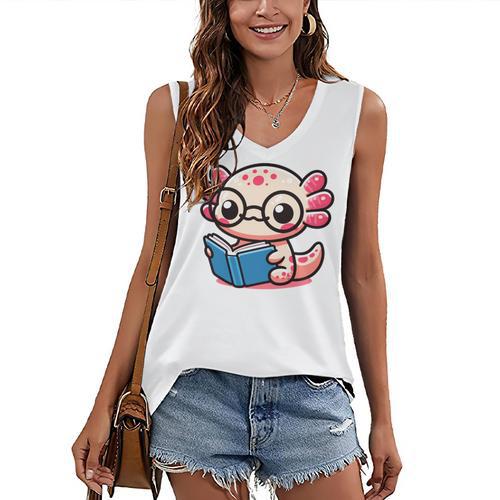 Adorable Book Lover Axolotl With Reading Glasses Cute Women's V-Neck Tank Top - Bookorys CA