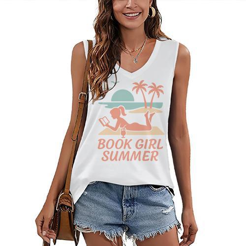 Book Girl Summer Book Reading Retro Sunset Women's V-Neck Tank Top - Bookorys CA