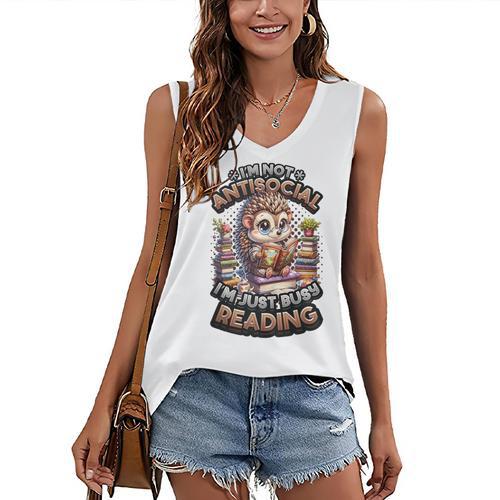 Book Lover Hedgehog Reading Books Introvert Bookworm Women's V-Neck Tank Top - Raresse