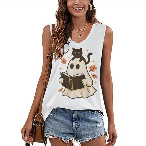 Books Ghost Reading Book Halloween Library Cat Fall Women's V-Neck Tank Top - Bookorys