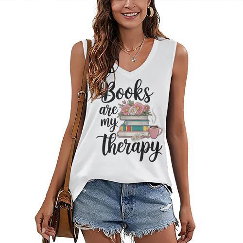Books Are My Therapy Coffee Books Flowers Bookish Book Lover Women's V-Neck Tank Top - Bookorys
