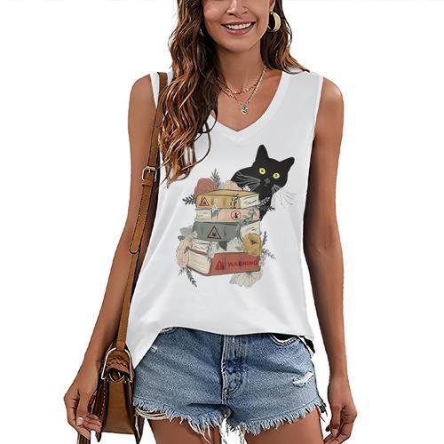 Cat And Books Flowers Reading Club Cat Lover Bookworm Women's V-Neck Tank Top - Bookorys