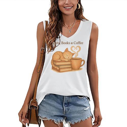 Cats Books And Coffee Heart Cozy Cat Lover Bookworm Readers Women's V-Neck Tank Top - Bookorys