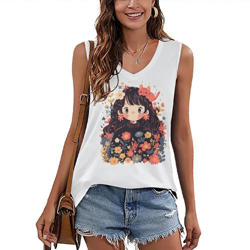 Cottagecore Wild Flowers Book Reader Cat Nature Soft Women's V-Neck Tank Top - Bookorys AU