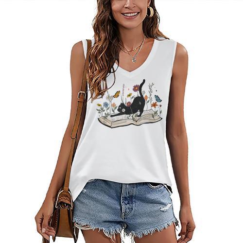 Cute Cat Flower Garden Book Kitty Reading Floral Men Women Girls Kids Women's V-Neck Tank Top - Bookorys AU