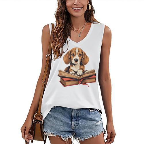 Cute Dog Beagle Reading Book Women's V-Neck Tank Top - Bookorys