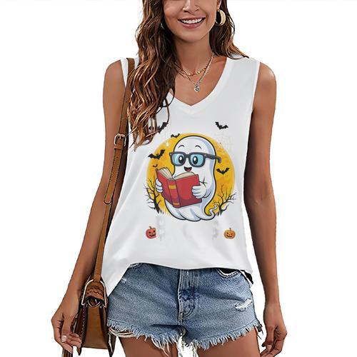 Cute Ghost Reading Book Retro Halloween Librarian Women's V-Neck Tank Top - Bookorys DE