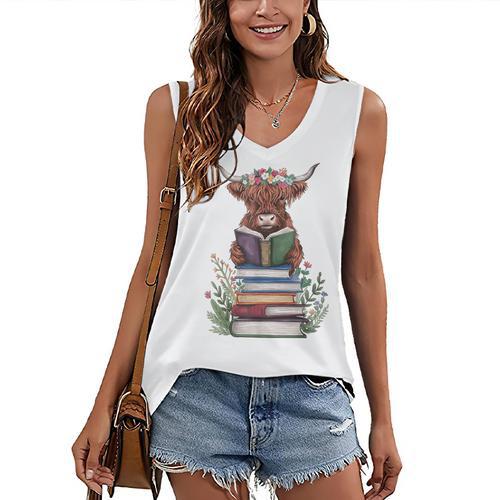 Cute Highland Cow With Book Floral Bookworm Librarian Book Women's V-Neck Tank Top - Bookorys