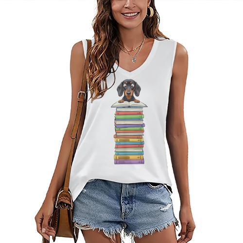 Cute Wiener Dog Dachshund Reading On Pile Of Books Women's V-Neck Tank Top - Bookorys
