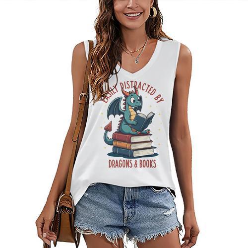 Dark Romance Romantasy Easily Distracted By Dragons & Books Women's V-Neck Tank Top - Bookorys