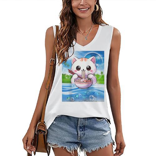 Frutiger Aero Aesthetic Tech Kawaii Ramen Cat Fishes Raglan Baseball Tee Women's V-Neck Tank Top - Figerry
