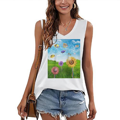 Frutiger Aero Aesthetic Tech Scenery Fishes Sunflower Raglan Baseball Tee Women's V-Neck Tank Top - Figerry