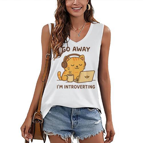 Go Away I'm Introverting Cozy Cat With Laptop And Coffee Women's V-Neck Tank Top - Raresse